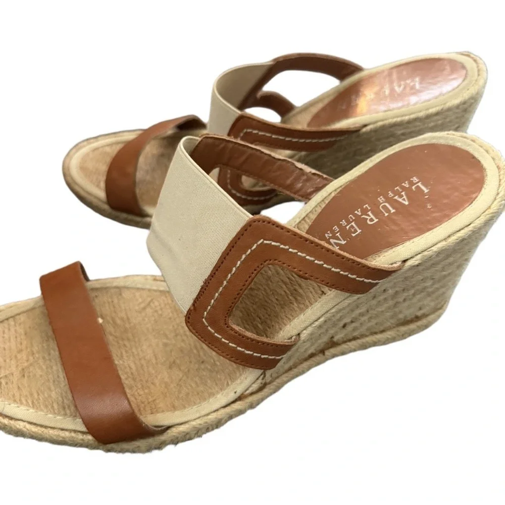 Lauren Ralph Lauren Espadrille Wedge Sandals Size 10 Taupe Brown Leather Heels